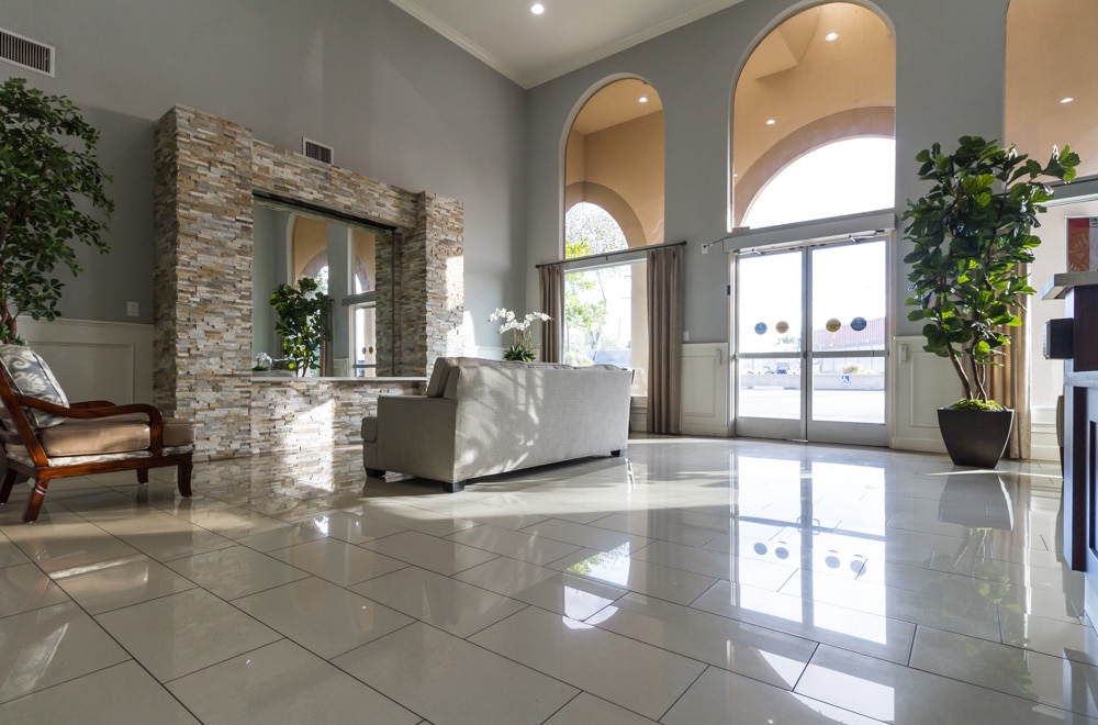 Riverwalk front entry, lobby, and front desk.